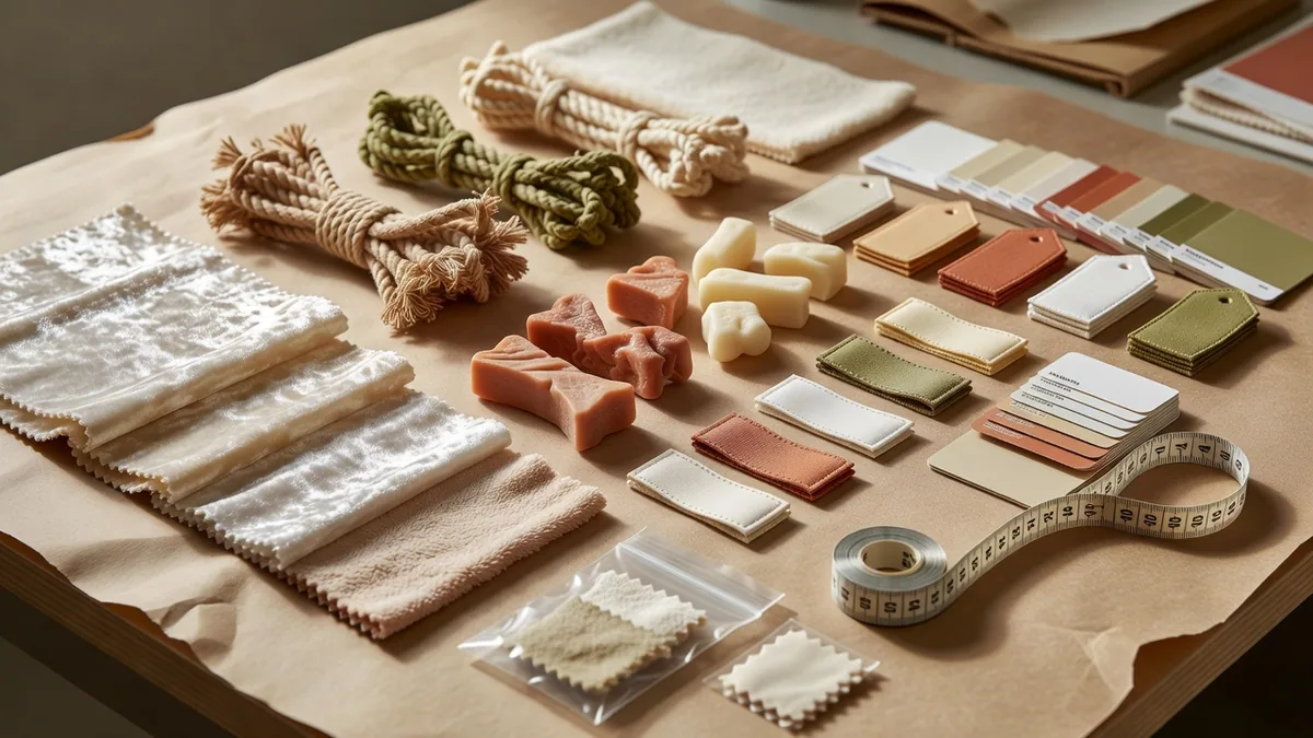 Materialen- en QC-flatlay voor groothandel dierenbenodigdheden met lage MOQ: pluchestalen, touw, TPR-samples, hangtags, kleurstaaltjes