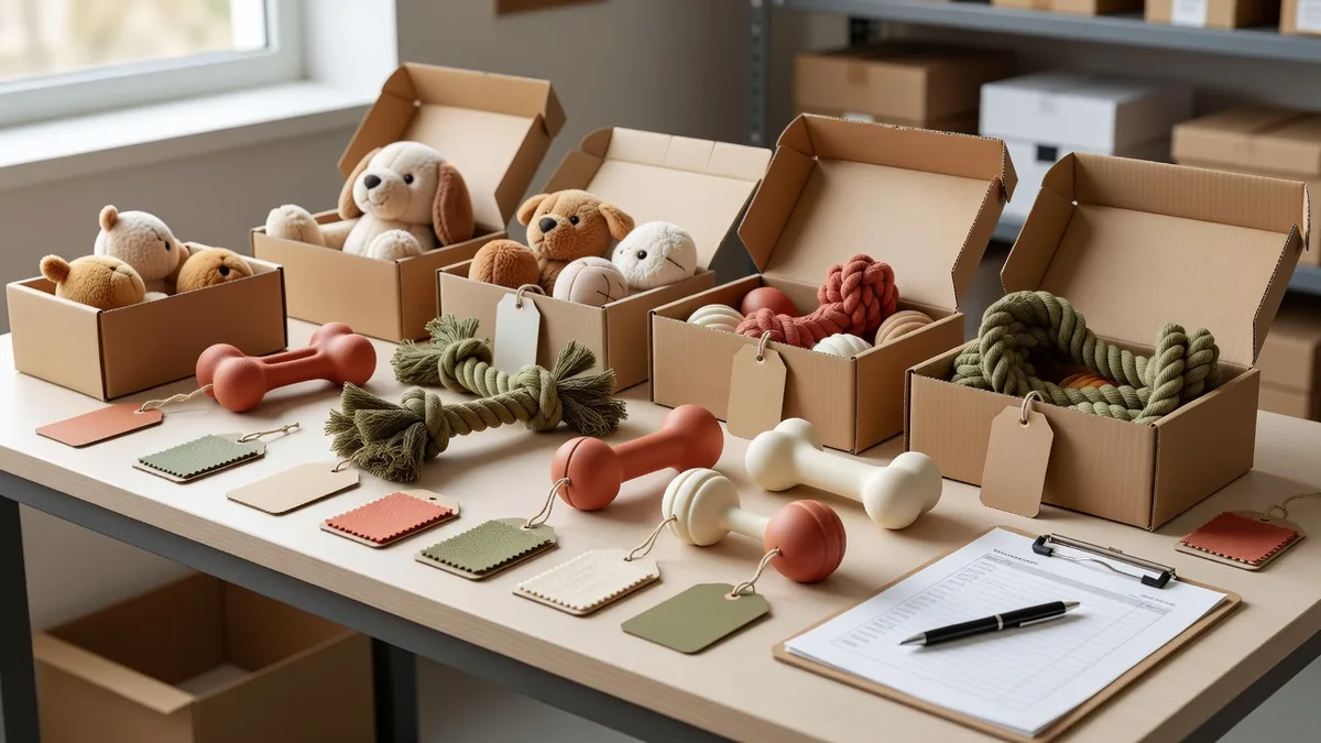 Samplingtafel voor groothandel dierenbenodigdheden met lage MOQ: open dozen, pluche speelgoed, touwspeelgoed en paklijst van de inkoper