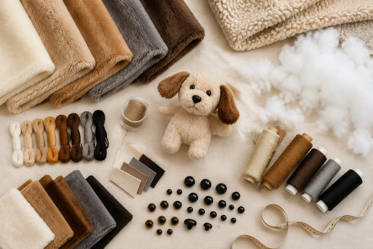 Flatlay van materialen uit een groothandelsfabriek voor pluche hondenspeelgoed: kortpolige stof, sherpa, fiberfill, borduurgaren, locking eyes en geweven labels voor RFQ's van inkopers