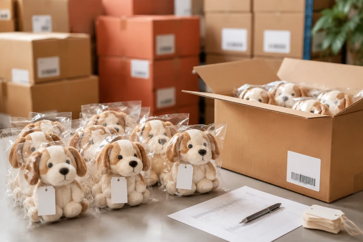 Groothandel pluche hondenspeelgoed in polybags met hangtags naast een open master carton voor exportverpakking in een China-fabriek