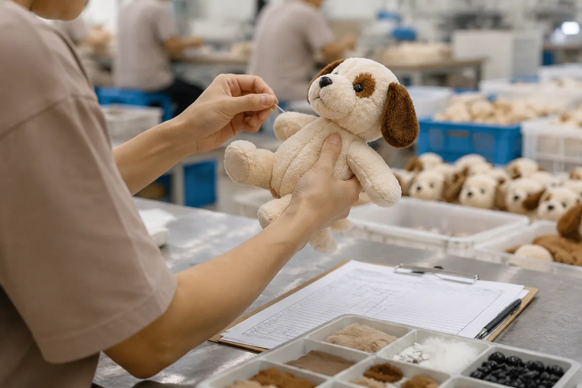Kwaliteitscontroleur controleert naadsterkte van een pluche hondenspeeltje in een naaiwerkplaats van een groothandelsfabriek in China, met AQL-tray