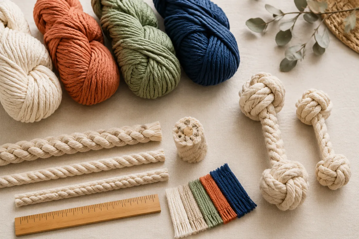 Materialen en assortiment van groothandel touw-kauwspeelgoed voor honden, flatlay voor RFQ’s van bulk-MOQ-inkopers