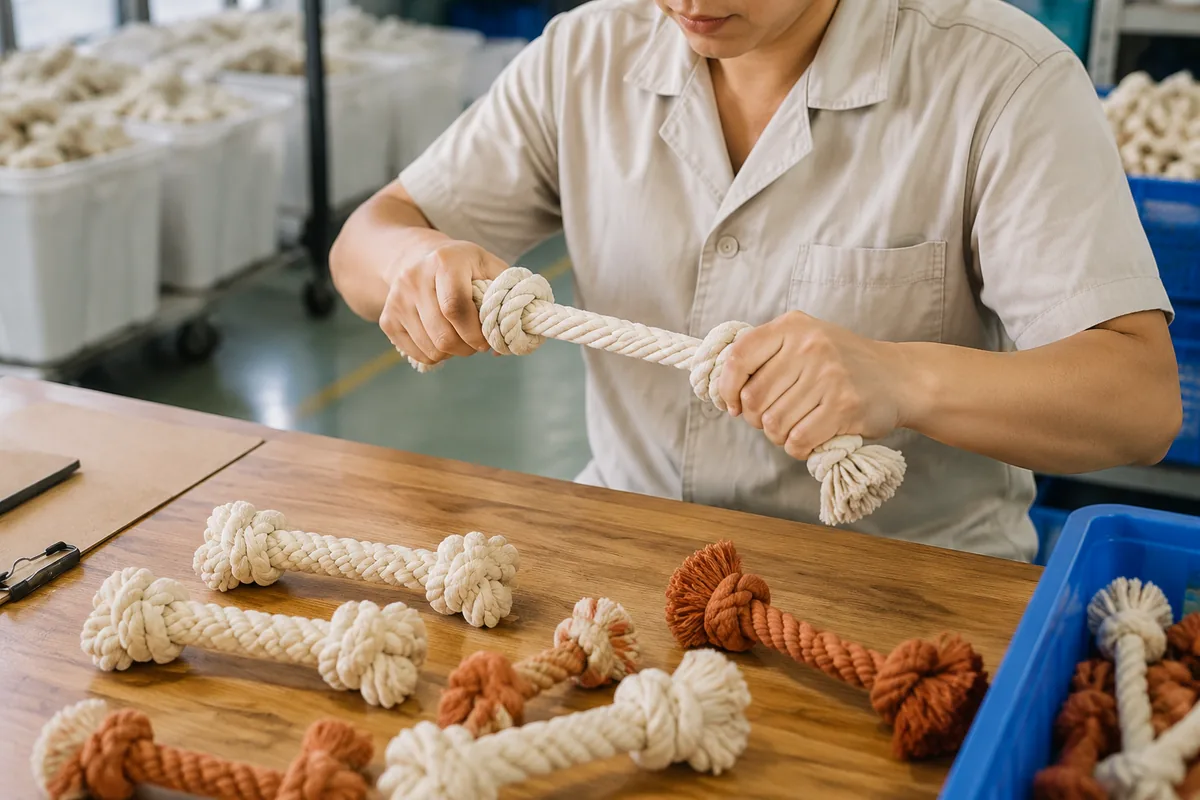 Trekinspectie voor kwaliteitscontrole op groothandel touw-kauwspeelgoed voor honden in een fabriekswerkplaats
